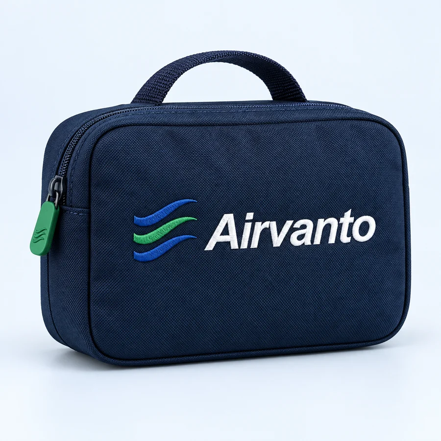 Bolsa organizadora azul-marinho com a marca Airvanto