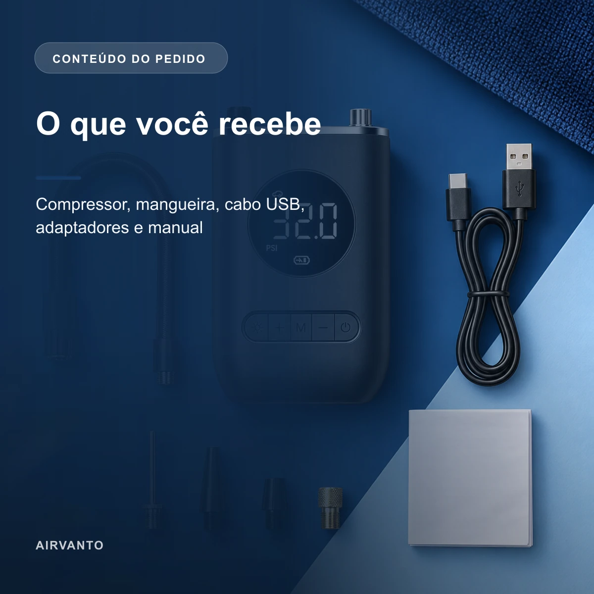 Conteúdo recebido de Compressor de Pneus Portátil Digital com Lanterna LED