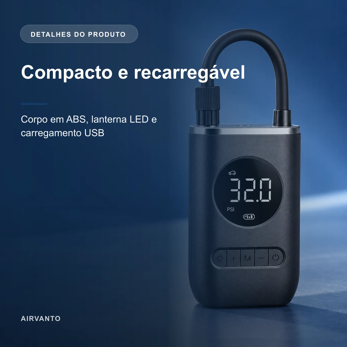 Detalhes construtivos de Compressor de Pneus Portátil Digital com Lanterna LED