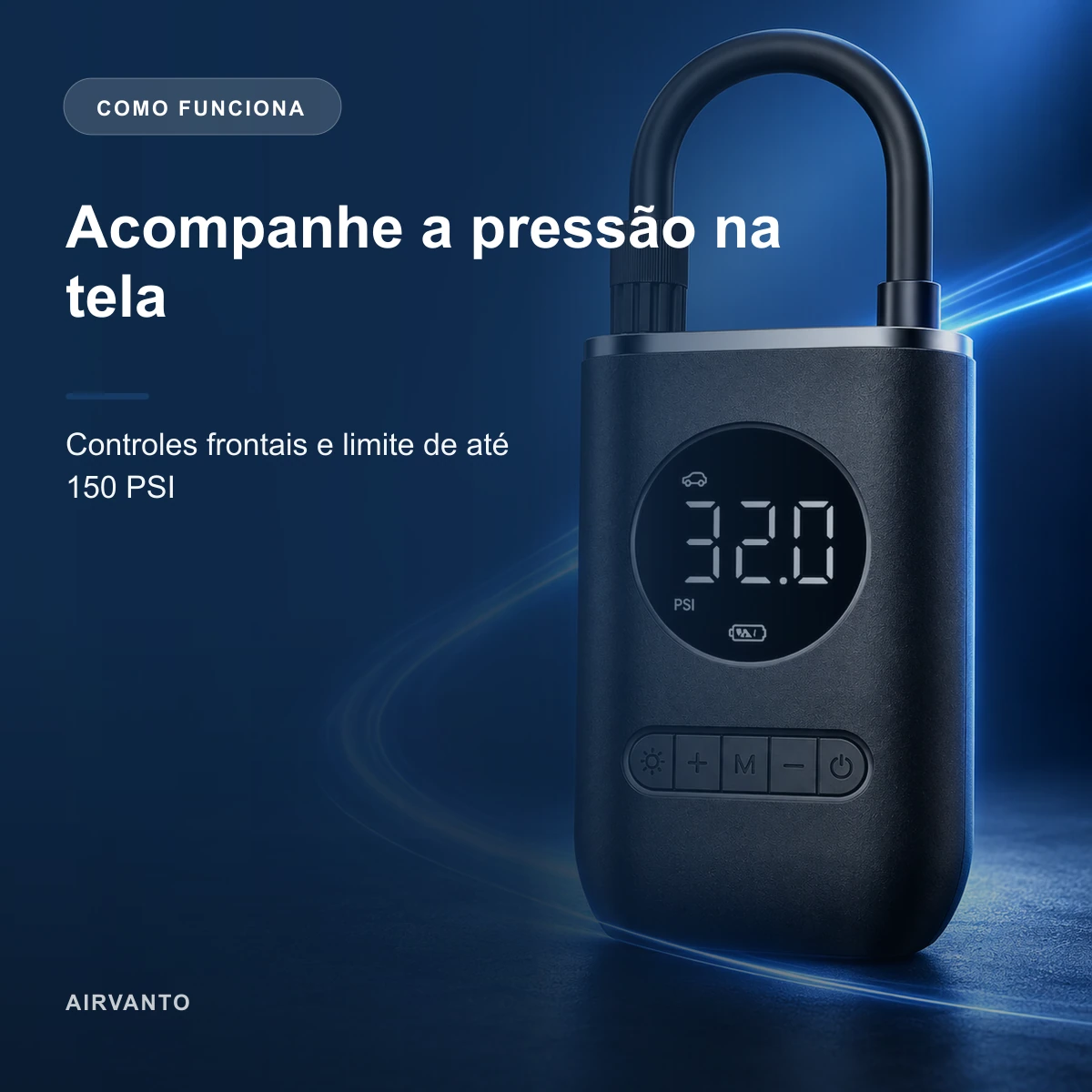 Principal funcionalidade de Compressor de Pneus Portátil Digital com Lanterna LED