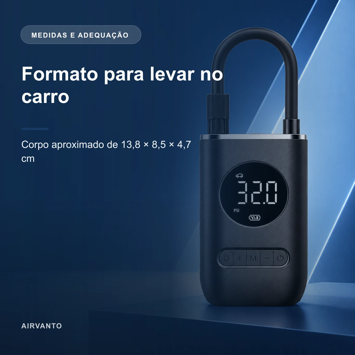 Medidas e adequação de Compressor de Pneus Portátil Digital com Lanterna LED